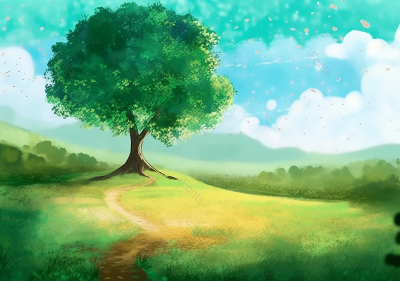 一颗大树在青绿色的农田清新美好的自然插画素材,插画/手绘图,插画/手绘图库,插画/手绘图下载,插画/手绘